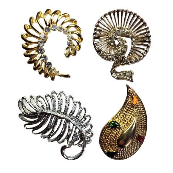 Vtg Brooch Lot 4 Pc Goldtone Silvertone Leaves Abstract Rhinestone 70s 80s Retro - Picture 1 of 6